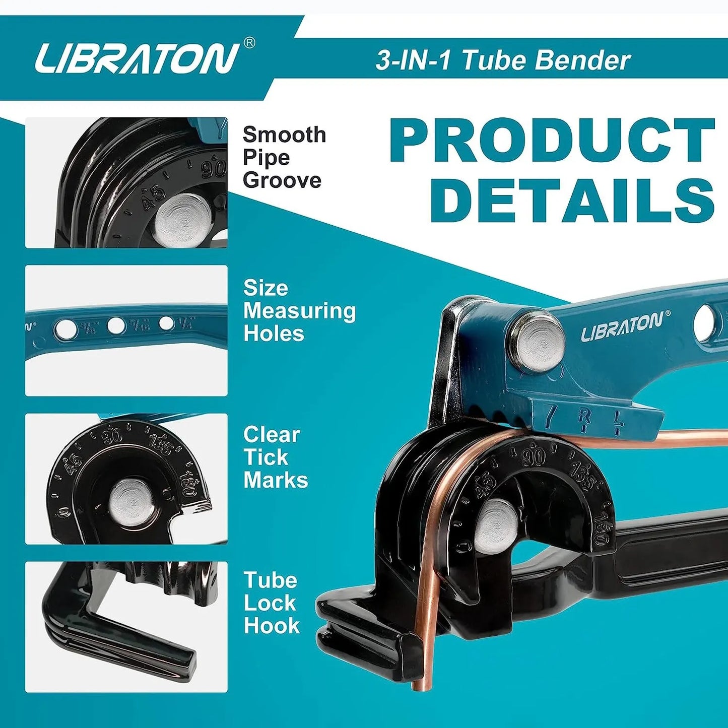 Libraton Copper Tube Bender, Tubing Bender 180°, Tube Bender 1/4", 5/16", 3/8", 3in1 Copper Pipe Bender, Copper Tubing Bender