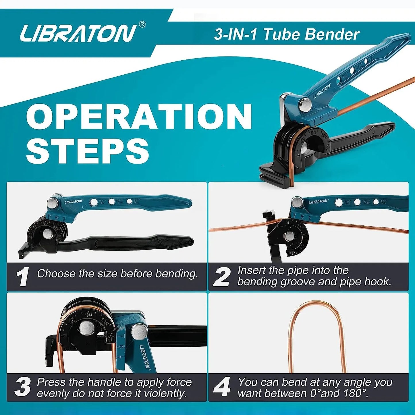 Libraton Copper Tube Bender, Tubing Bender 180°, Tube Bender 1/4", 5/16", 3/8", 3in1 Copper Pipe Bender, Copper Tubing Bender