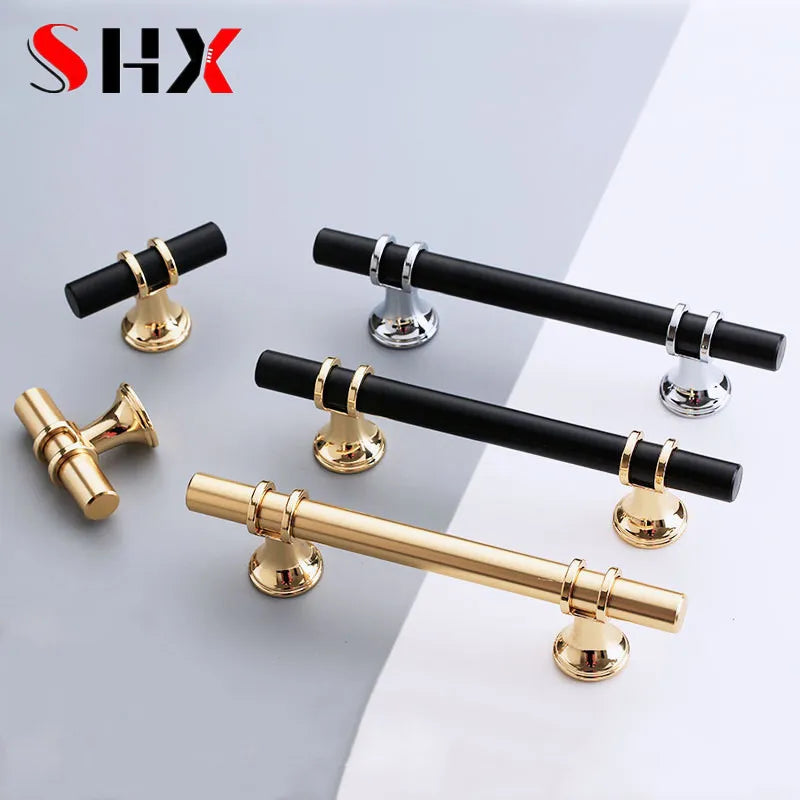 Modern Zinc Alloy Black Gold Door Handles Kitchen Cabinet Handles Solid Drawer Knobs Fashion Furniture Handle Hardware