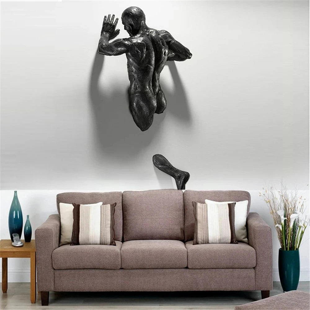 New Imitation Copper Wall Decor Abstract Character Resin Rock Climbing Man Statue Sculpture Background Wall Art 3D Through Wall