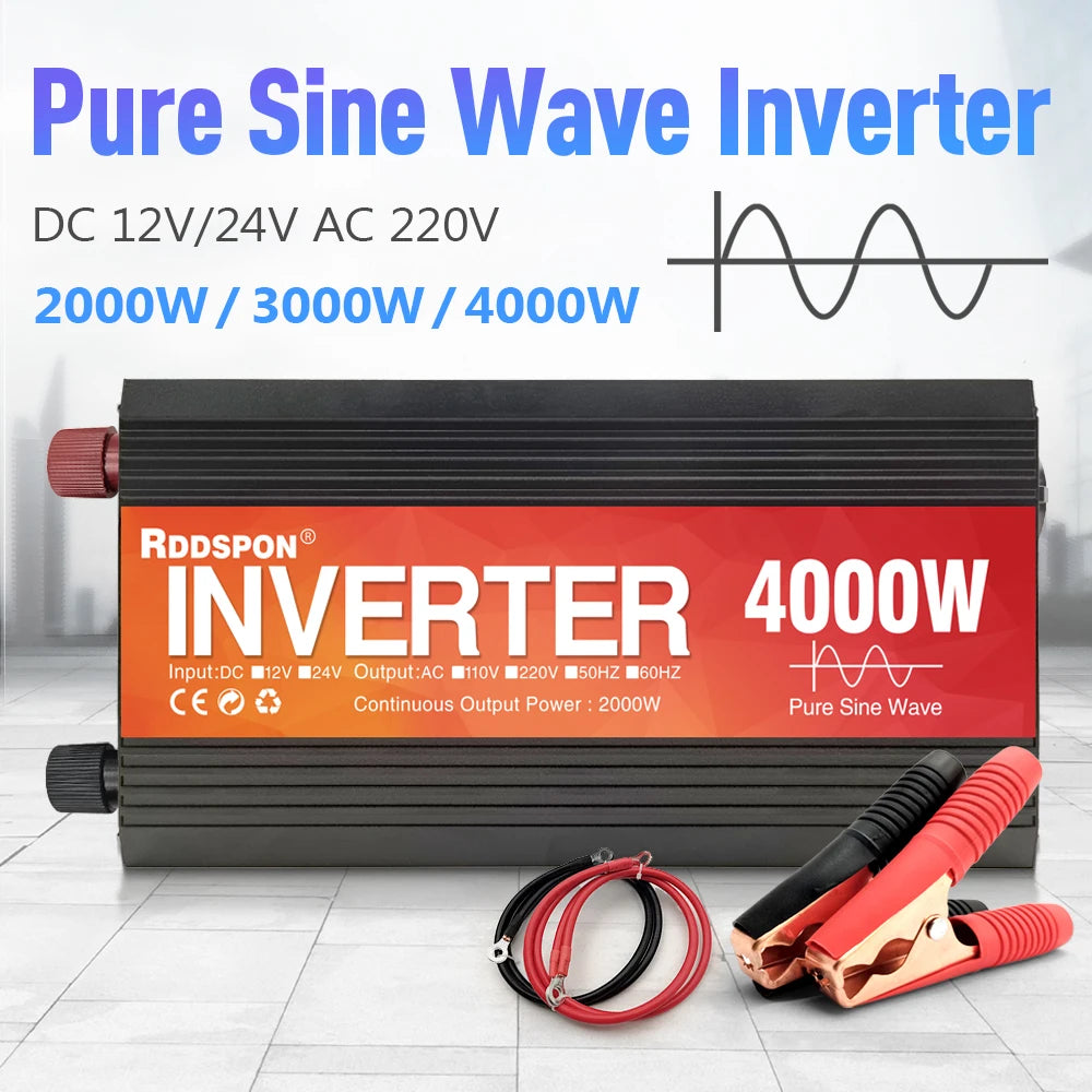 New Pure Sine Wave Inverter 1000W-4000W Power Solar Car Inverters With LED Display DC 12V 24V To AC 220V Voltage Converter