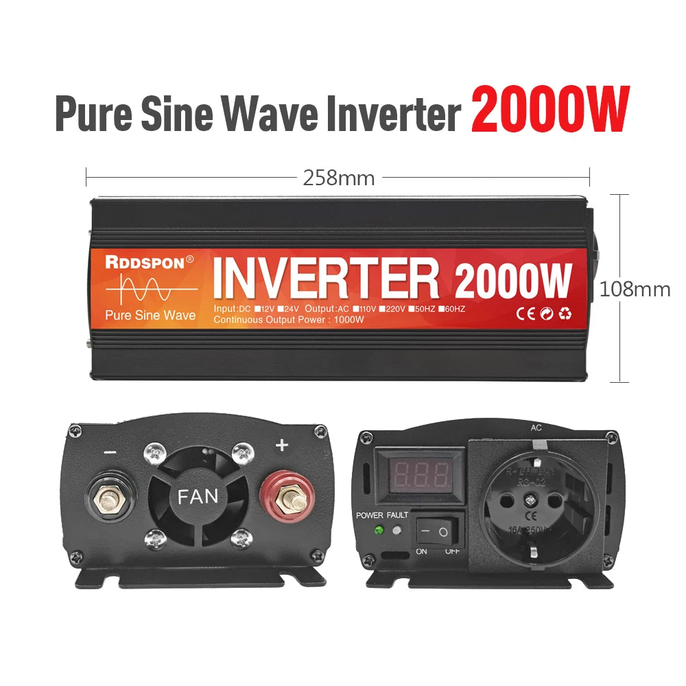 New Pure Sine Wave Inverter 1000W-4000W Power Solar Car Inverters With LED Display DC 12V 24V To AC 220V Voltage Converter