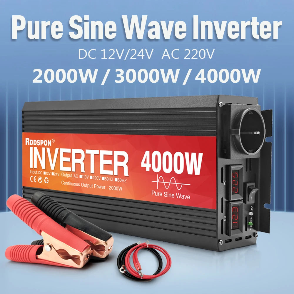 New Pure Sine Wave Inverter 1000W-4000W Power Solar Car Inverters With LED Display DC 12V 24V To AC 220V Voltage Converter