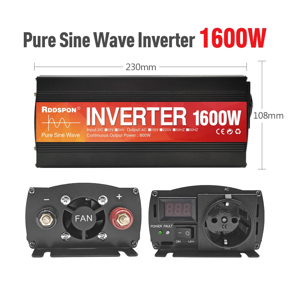 New Pure Sine Wave Inverter 1000W-4000W Power Solar Car Inverters With LED Display DC 12V 24V To AC 220V Voltage Converter