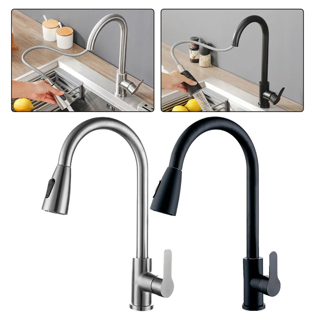 Pull-Out Water Tap Faucet 2 Sprayer Modes 360 Degree Rotation Stainless Steel Hot And Cold Water Mixer Kitchen Accessories