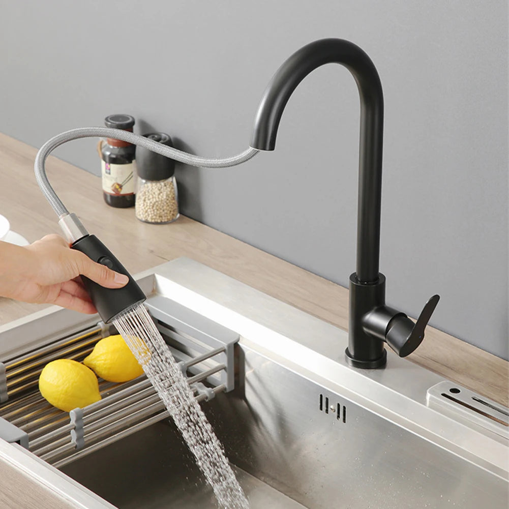 Pull-Out Water Tap Faucet 2 Sprayer Modes 360 Degree Rotation Stainless Steel Hot And Cold Water Mixer Kitchen Accessories