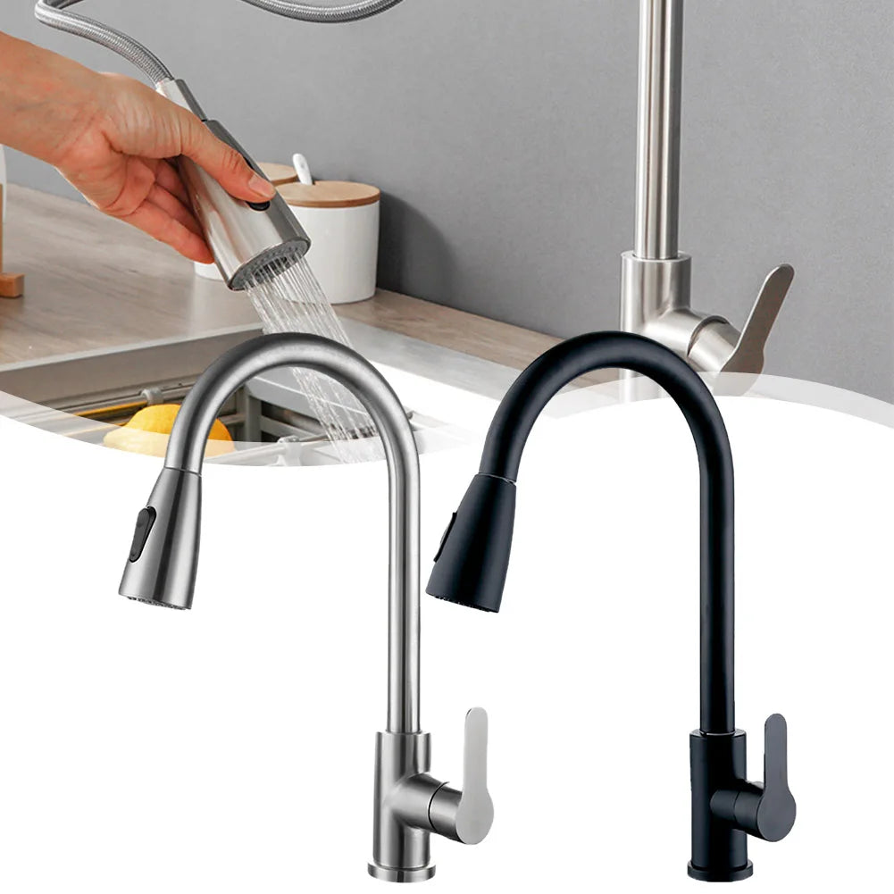 Pull-Out Water Tap Faucet 2 Sprayer Modes 360 Degree Rotation Stainless Steel Hot And Cold Water Mixer Kitchen Accessories