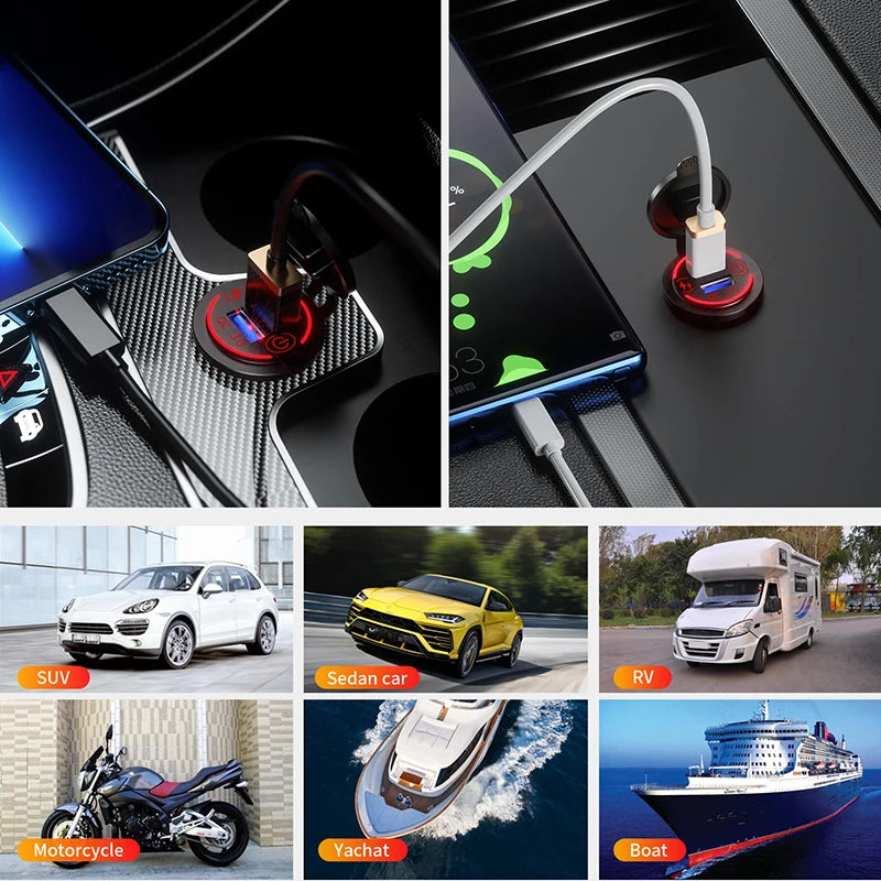 Quick Charge Dual USB Ports Car Charger Waterpoof Fast Charging Socket Power Outlet with LED Light for Motorcycle Car Charge