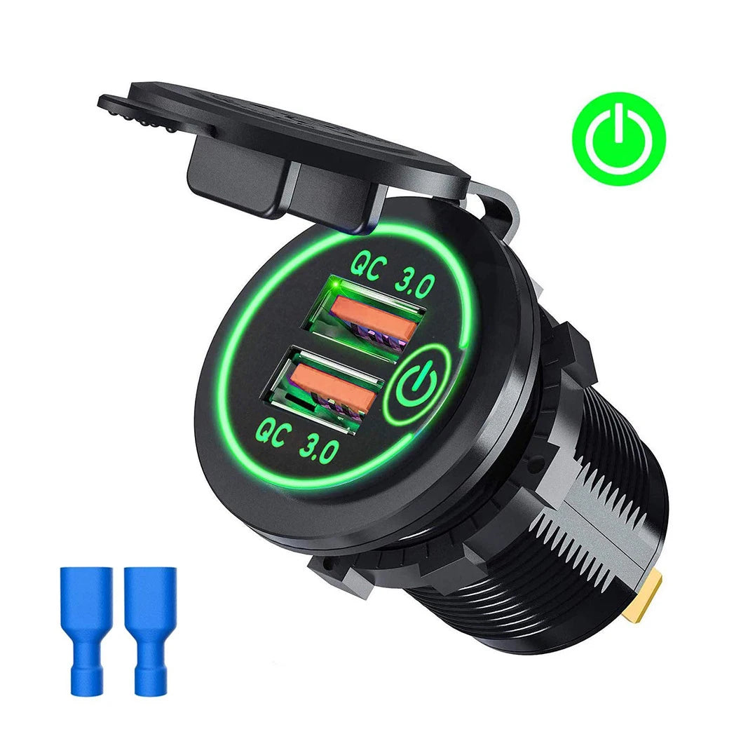 Quick Charge Dual USB Ports Car Charger Waterpoof Fast Charging Socket Power Outlet with LED Light for Motorcycle Car Charge