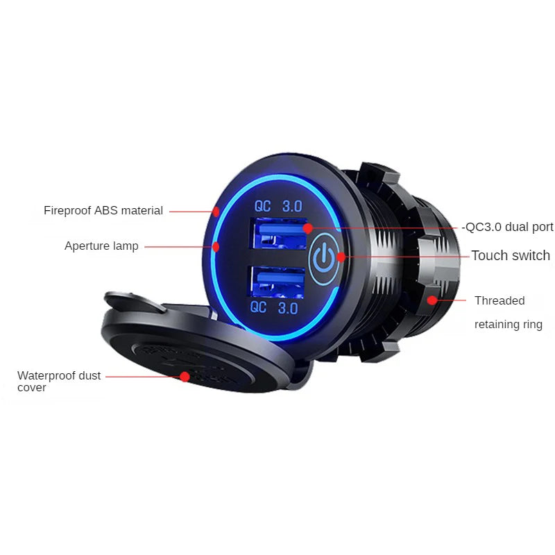 Quick Charge Dual USB Ports Car Charger Waterpoof Fast Charging Socket Power Outlet with LED Light for Motorcycle Car Charge