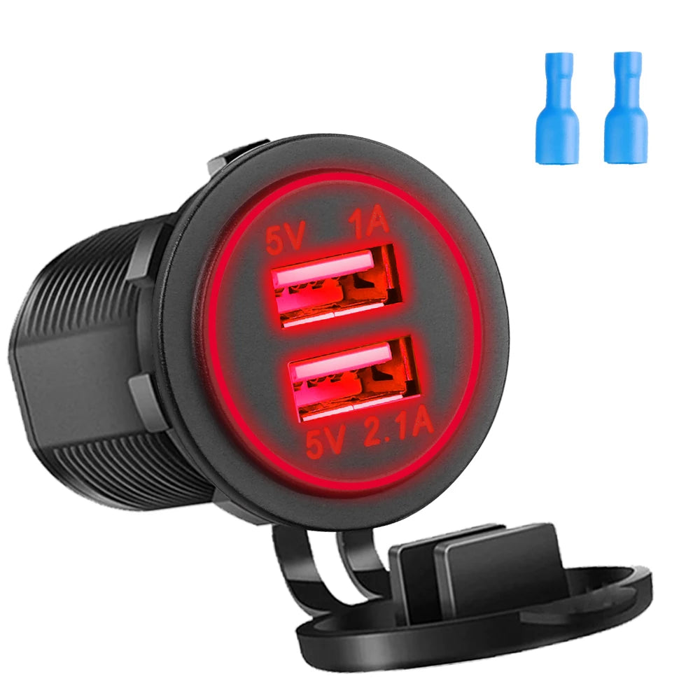 Quick Charge Dual USB Ports Car Charger Waterpoof Fast Charging Socket Power Outlet with LED Light for Motorcycle Car Charge