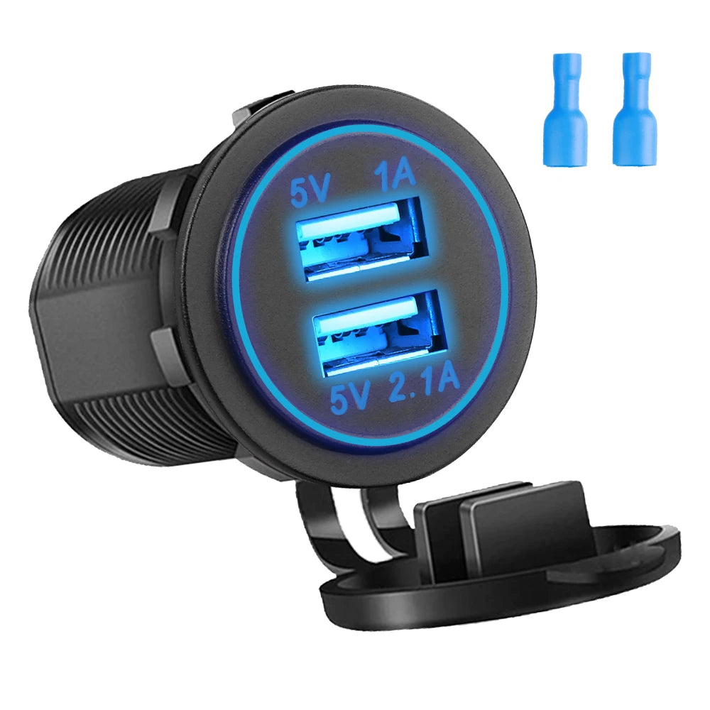 Quick Charge Dual USB Ports Car Charger Waterpoof Fast Charging Socket Power Outlet with LED Light for Motorcycle Car Charge