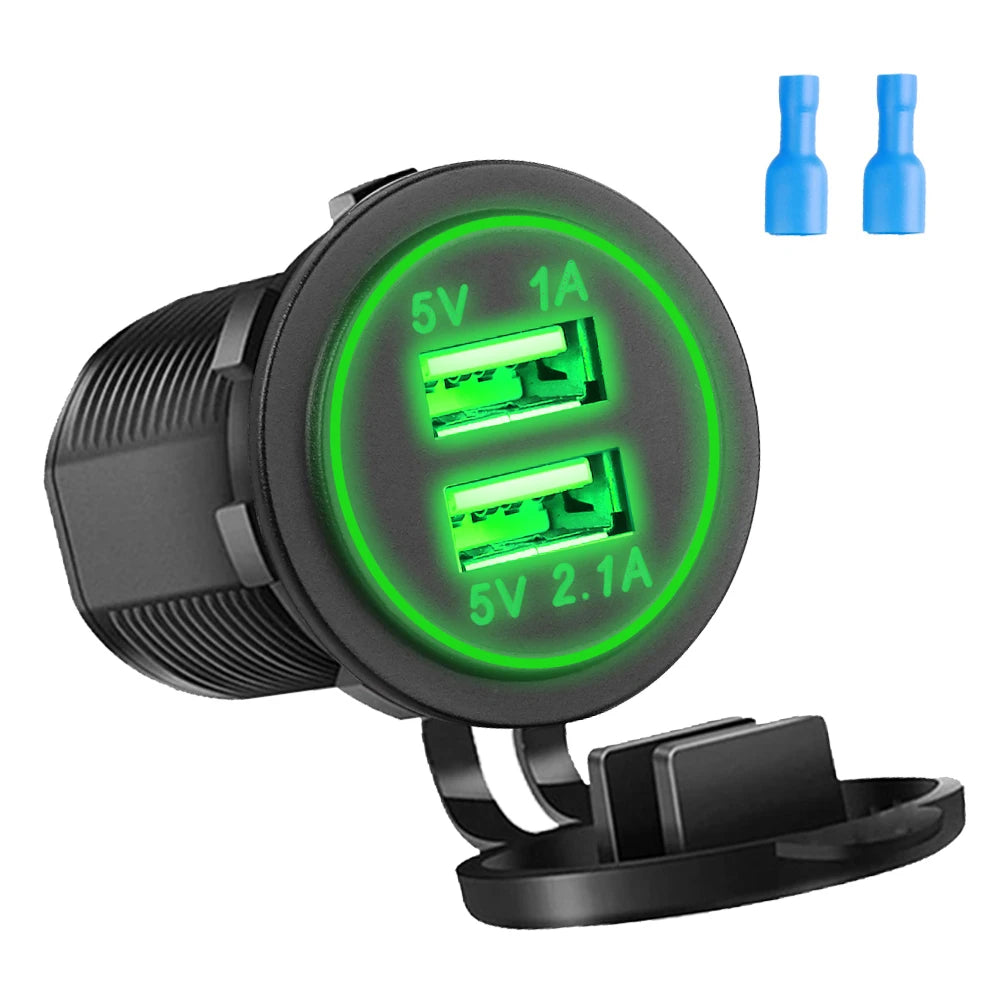 Quick Charge Dual USB Ports Car Charger Waterpoof Fast Charging Socket Power Outlet with LED Light for Motorcycle Car Charge