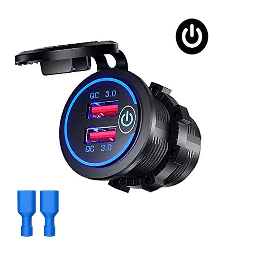 Quick Charge Dual USB Ports Car Charger Waterpoof Fast Charging Socket Power Outlet with LED Light for Motorcycle Car Charge