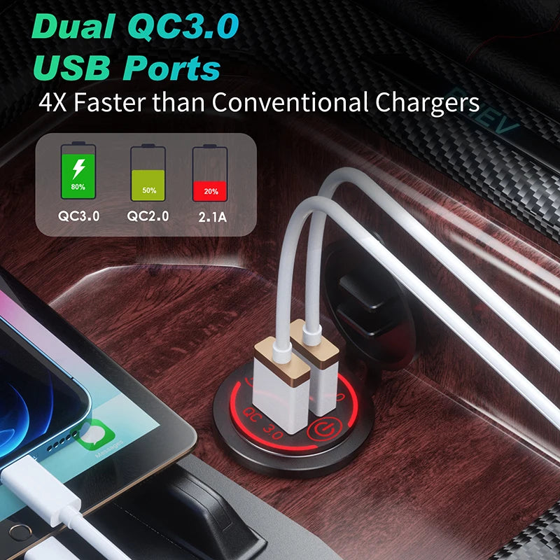 Quick Charge Dual USB Ports Car Charger Waterpoof Fast Charging Socket Power Outlet with LED Light for Motorcycle Car Charge