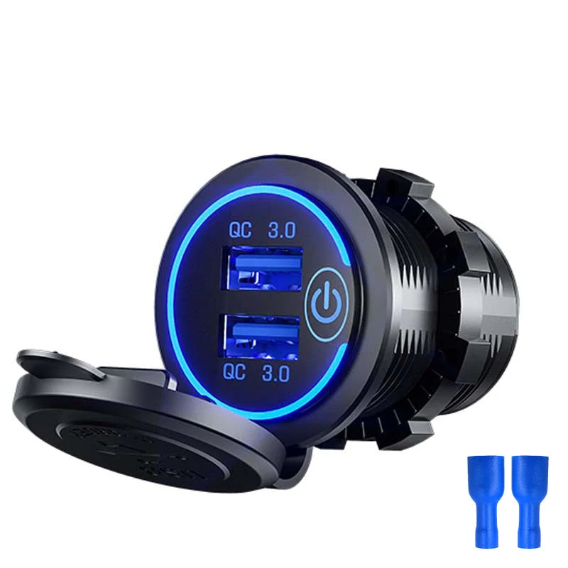 Quick Charge Dual USB Ports Car Charger Waterpoof Fast Charging Socket Power Outlet with LED Light for Motorcycle Car Charge