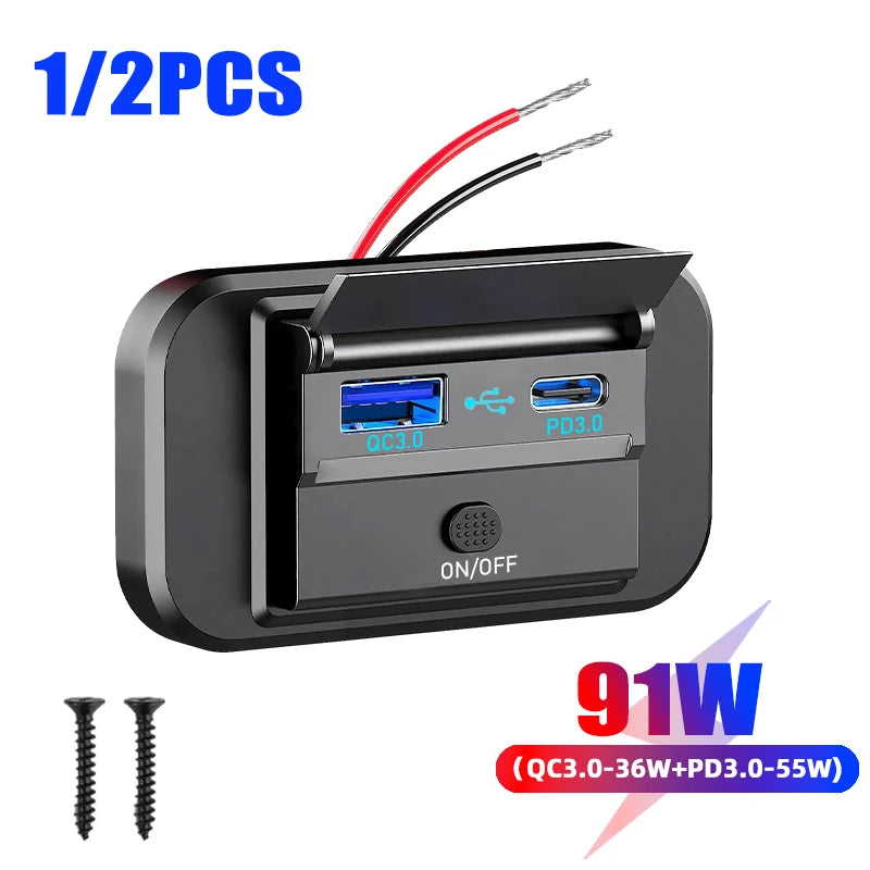Quick Charge PD Type C Dual USB Ports Car Bus Charger Socket Adapter 12V/24V USB Power with Swith for Marine Motorcycle