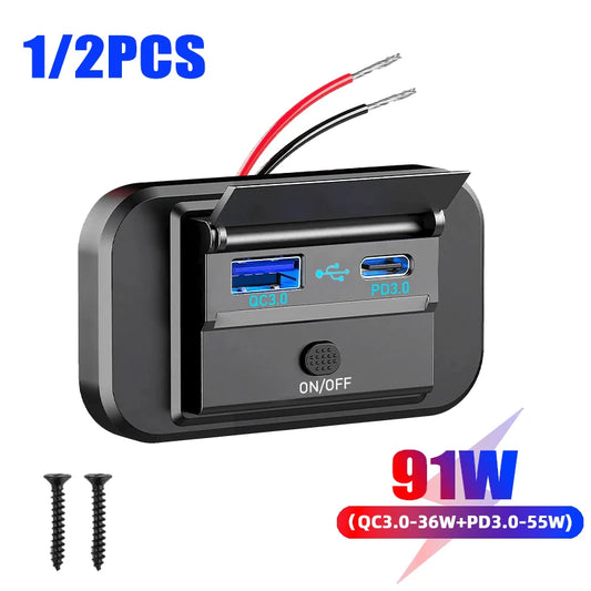 Quick Charge PD Type C Dual USB Ports Car Bus Charger Socket Adapter 12V/24V USB Power with Swith for Marine Motorcycle