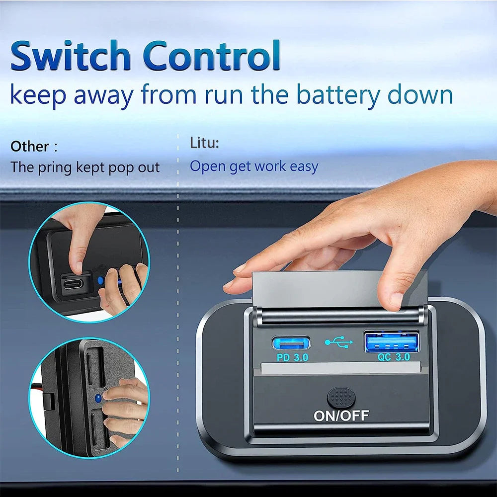 Quick Charge PD Type C Dual USB Ports Car Bus Charger Socket Adapter 12V/24V USB Power with Swith for Marine Motorcycle