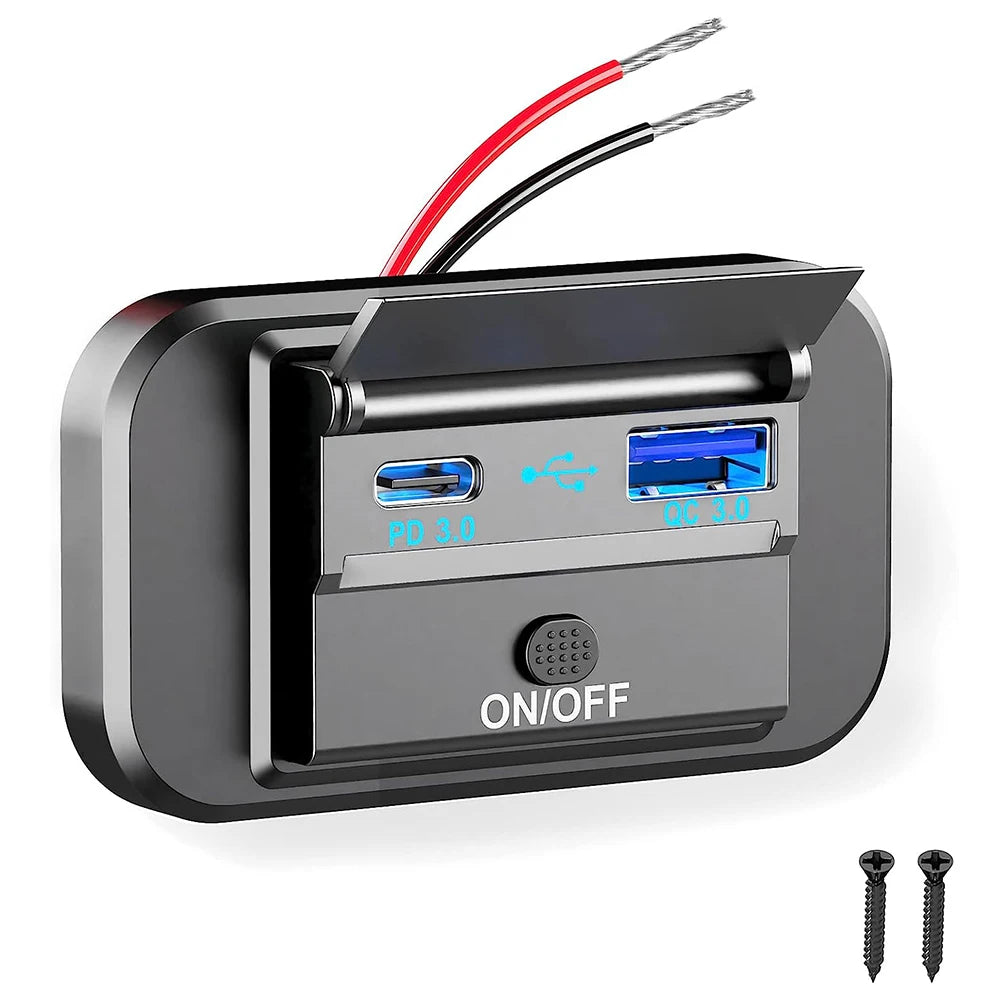Quick Charge PD Type C Dual USB Ports Car Bus Charger Socket Adapter 12V/24V USB Power with Swith for Marine Motorcycle
