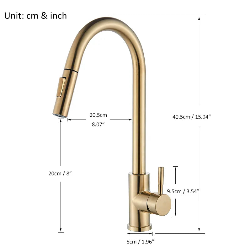 Quyanre Brushed Gold Kitchen Faucet Pull Out Kitchen Sink Water Tap Single Handle Mixer Tap 360 Rotation Kitchen Shower Faucet