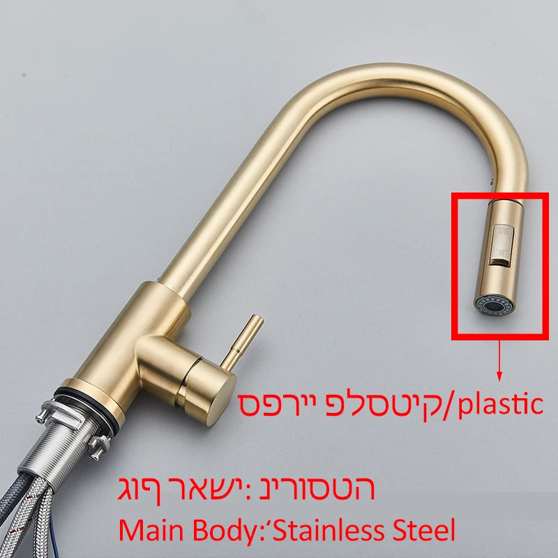 Quyanre Brushed Gold Kitchen Faucet Pull Out Kitchen Sink Water Tap Single Handle Mixer Tap 360 Rotation Kitchen Shower Faucet