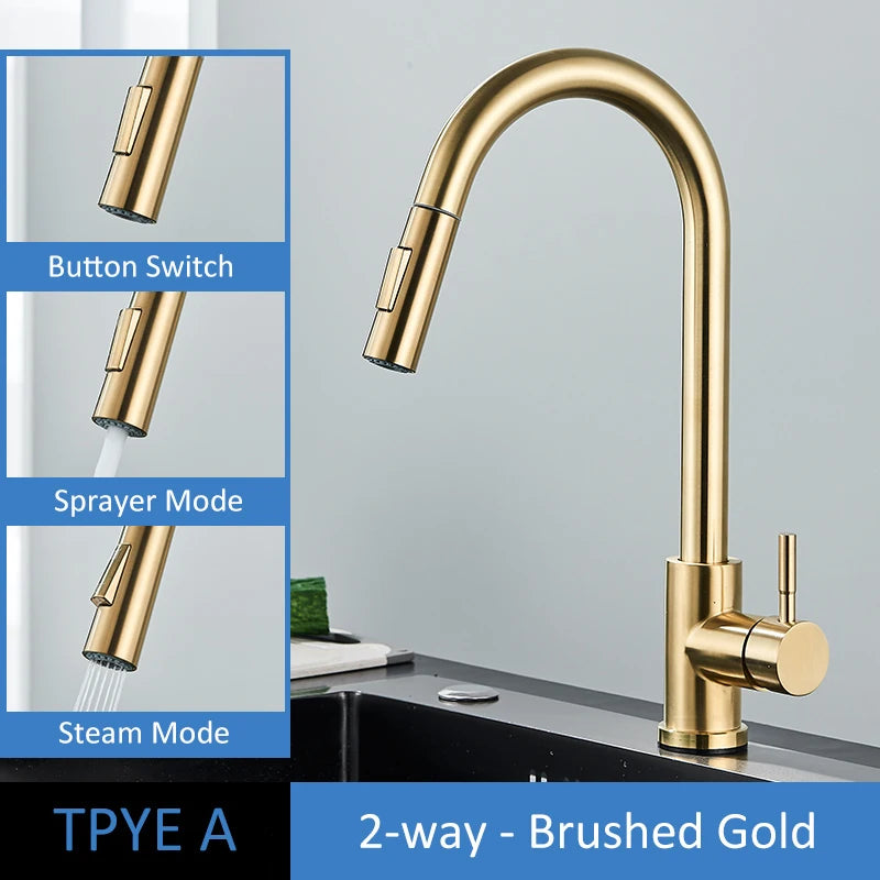 Quyanre Brushed Gold Kitchen Faucet Pull Out Kitchen Sink Water Tap Single Handle Mixer Tap 360 Rotation Kitchen Shower Faucet