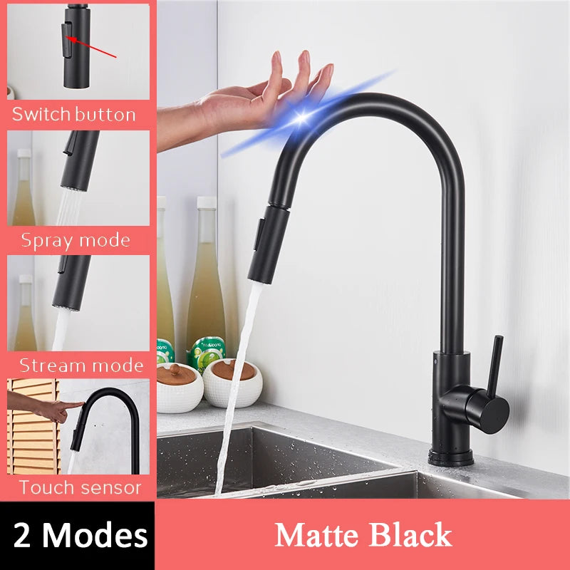 Shinesia Black Sensor Kitchen Faucet Pull Out Spout Smart Touch Inductive Sensitive Faucet 360 Degree Rotation Mixer Tap