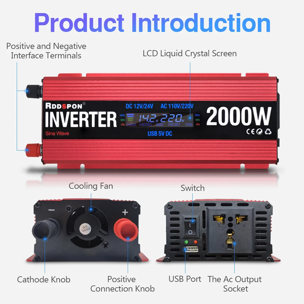 Solar Power Inverters 600W 1000W 2000W Modified Sine Wave USB Car Inverter DC 12V 24V AC 110V 220V Transformer Voltage Converter