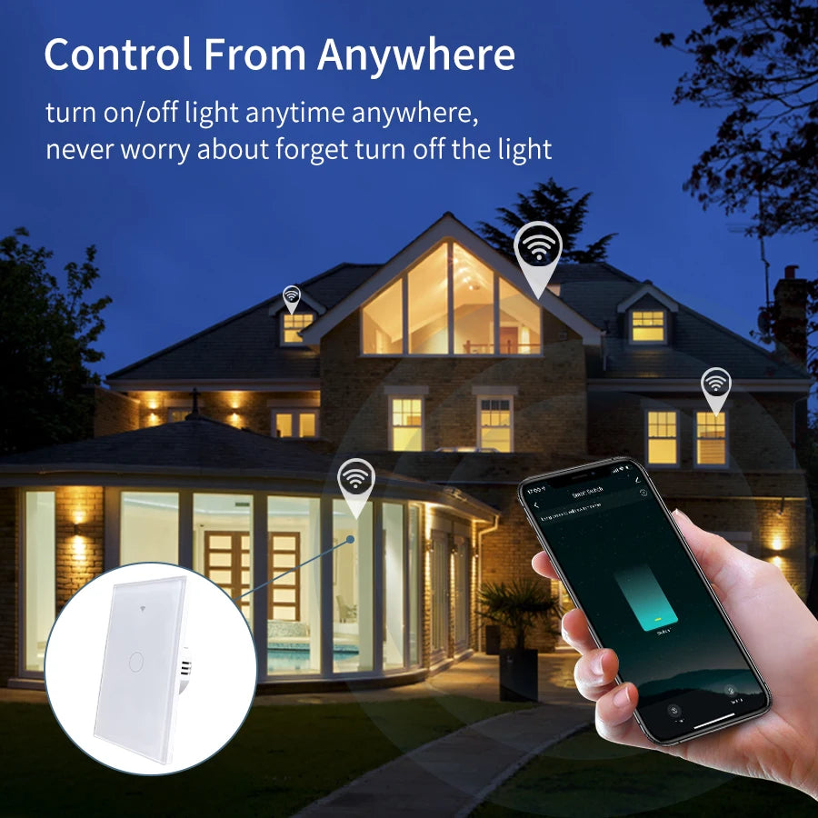 Tuya Smart Wifi Touch Switch Neutral Wire/No Neutral Wire Required US 1/2/3/4 Gang Light Switch For Alexa Google Home Alice