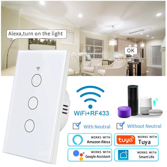 Tuya WiFi Smart Light Switch US Standard Work With Alexa Google Home Wall Touch Switch 110V 220V RF433Mhz Remote 1 2 3 4 Gang