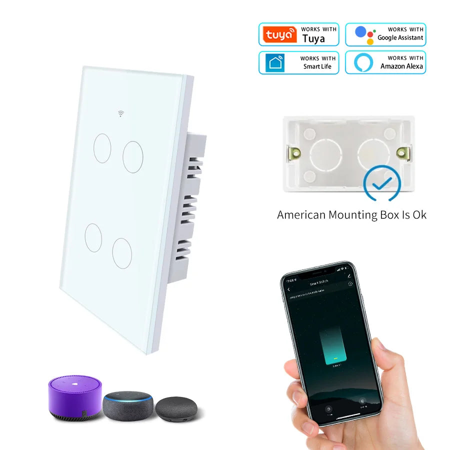 Tuya WiFi Smart Light Switch US Standard Work With Alexa Google Home Wall Touch Switch 110V 220V RF433Mhz Remote 1 2 3 4 Gang