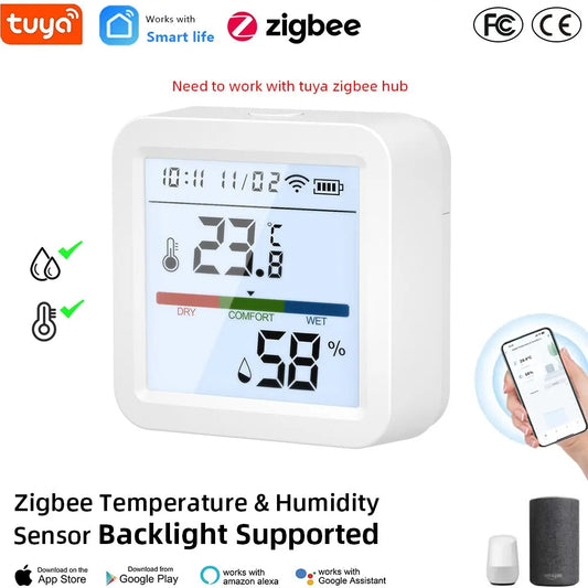 Tuya ZigBee Smart Home Temperature Humidity Sensor with BackLight LCD Works With Google Assistant and Need Tuya Zigbee Hub