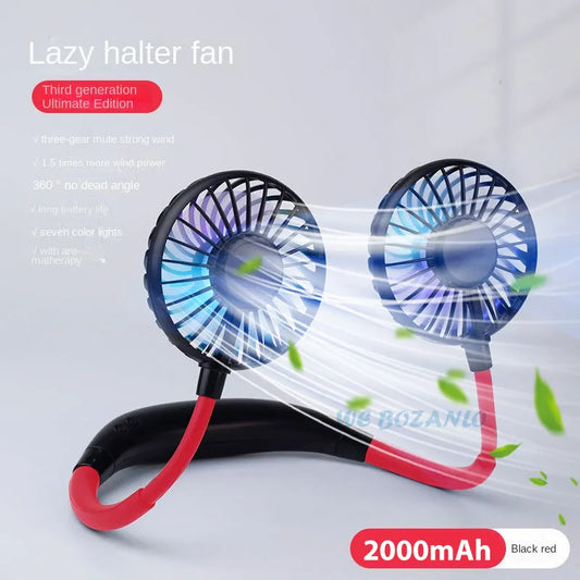 USB Portable Fan Cold Fan Hands Free Neck Fan Hanging Rechargeable Mini Sports Fan 3-Speed Adjustable Neck Dual Fan Home Office