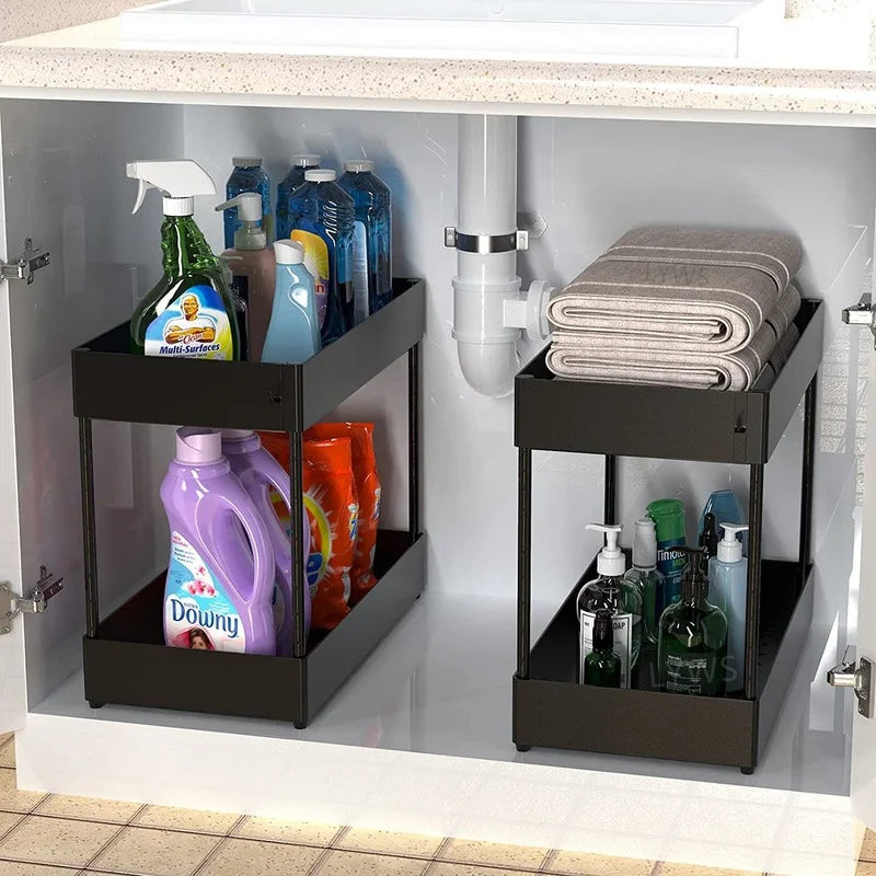 Under Bathroom Sink Storage 2 Tier Kitchen Drawer Organizer Bath Collection Baskets Under Sink Cabinet Storage Holder with Hooks