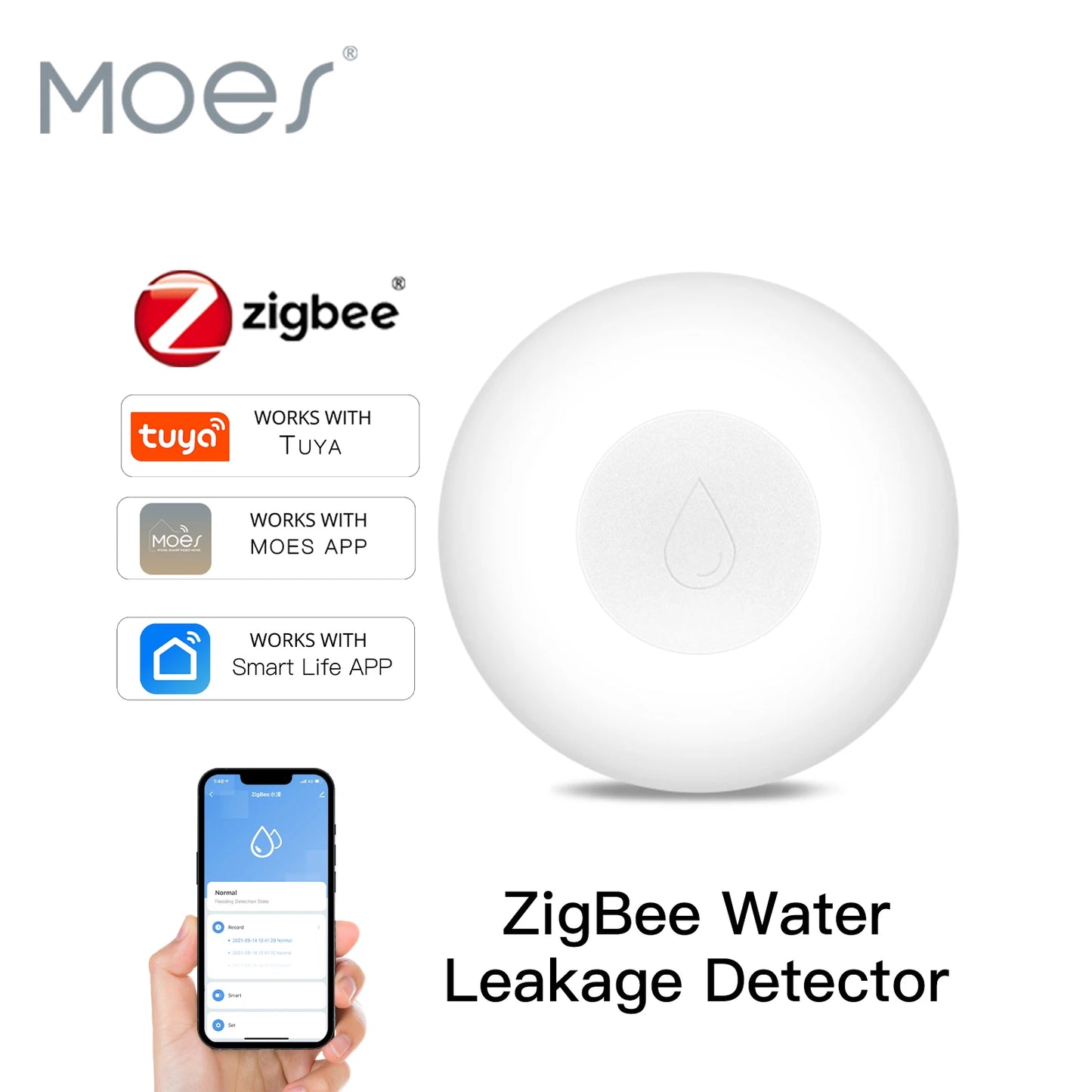 ZigBee Flood Sensor Water Leakage Detector Water Tank Full Alert Overflow Security Alarm System Tuya Smart App Remote Control